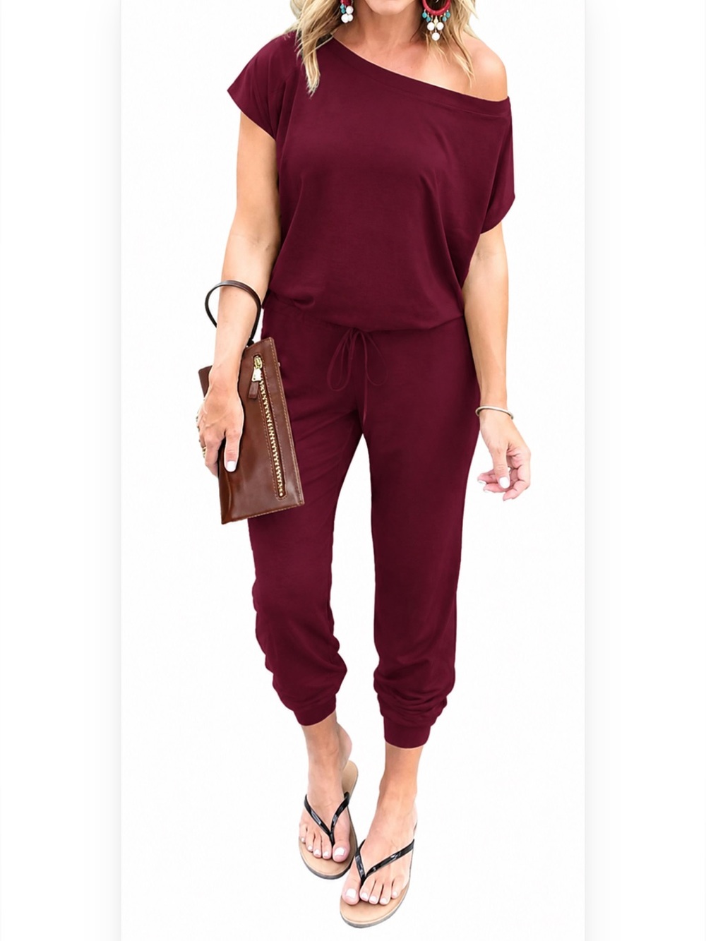 Women's Off-Shoulder Jumpsuit in Burgundy- NWT -Size L